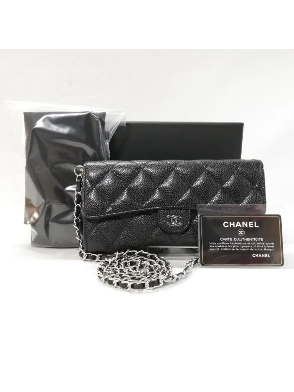 Chanel Wallet Caviar Leather Chain Black Shoulder